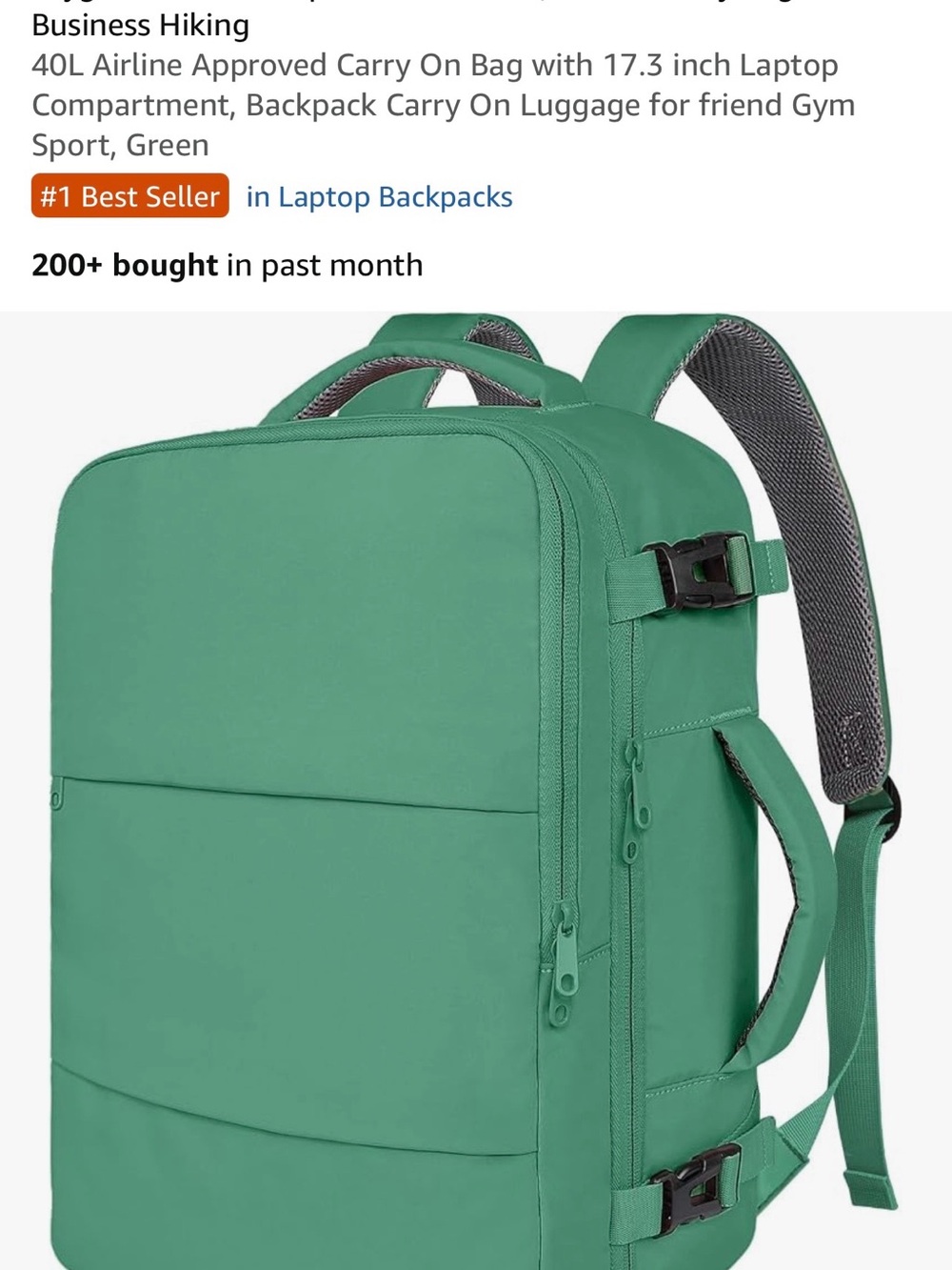 Green Travel Backpack with Laptop Compartment